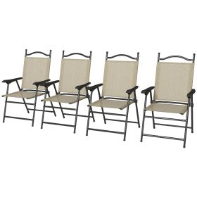 Mesh Folding Outdoor Chairs Set of 4 with Armrests for Lawn Comfort, Beige