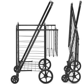 Folding Shopping Cart, Jumbo Grocery Cart with Double Baskets, 360° Swivel Wheels, Heavy Duty Utility Cart