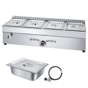 4-Pan Commercial Propane Steam Table, LP Gas Outdoor Soup Warmer with Drain Valve, Stainless Steel Propane Food Warmer with Adjustable Temperature