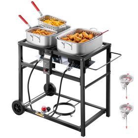 Outdoor Propane Deep Fryer, Dual-Tank 18QTx2 Commercial Fryer, Multi-Purpose Portable Frying Cart with Wheel, 3 Basket, 2 Thermometer