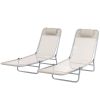 2 Piece Sun Loungers, Folding Chaise Lounge Chairs with Reclining Back, Breathable Mesh Seat, Headrest, Cream White