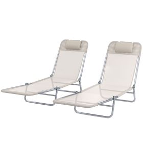 2 Piece Sun Loungers, Folding Chaise Lounge Chairs with Reclining Back, Breathable Mesh Seat, Headrest, Cream White