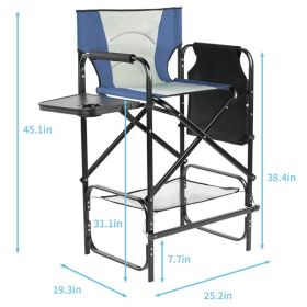 31" Tall Directors Chair with Footrest, 4Portable Bar Height Folding Camping Chair with Built-in Cup Holder, Side Table, Storage Pocket, Gray & Navy