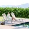 2 Piece Sun Loungers, Folding Chaise Lounge Chairs with Reclining Back, Breathable Mesh Seat, Headrest, Cream White