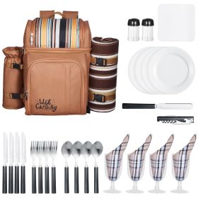 Picnic Backpack, Beach Picnic Backpack Bag for 4 Person with Insulated Cooler Compartment, Detachable Bottle/Wine Holder, Lightweight Blanket (Number of Layers: Double-deck, Color: Brown)